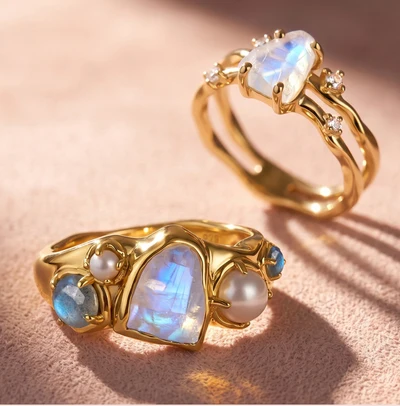 Gold rings with luminous blue stones